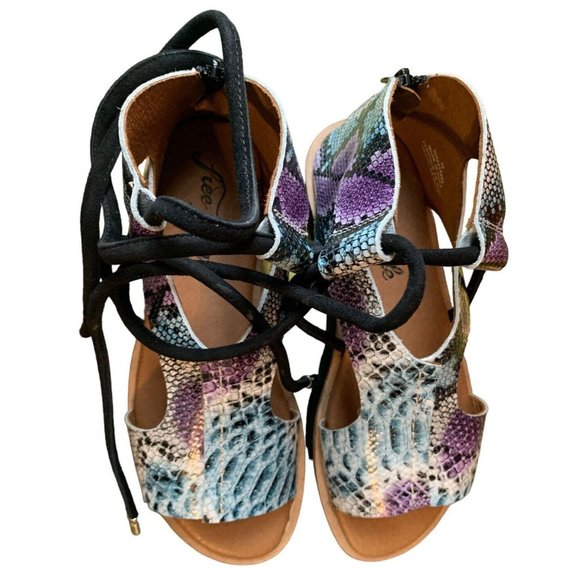 Free People Aubrey Wrap Sandal Snakeskin Black Purple Blue Tie Zipper Heel 38/8 - Picture 3 of 5